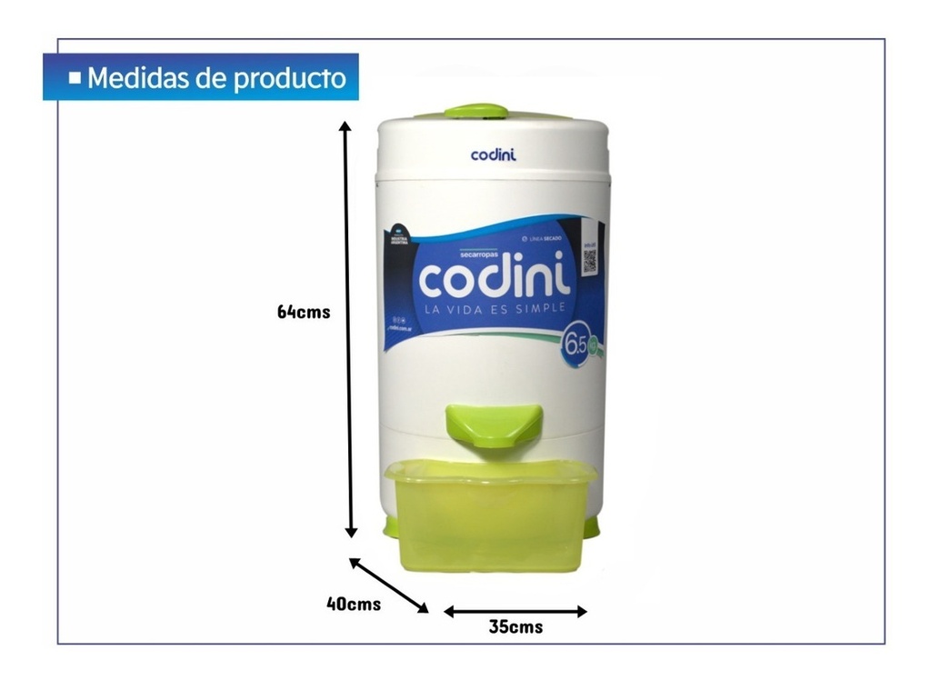 Secarropas Codini Innova 6.5kgs Tambor Acero Inox. 2800rpms